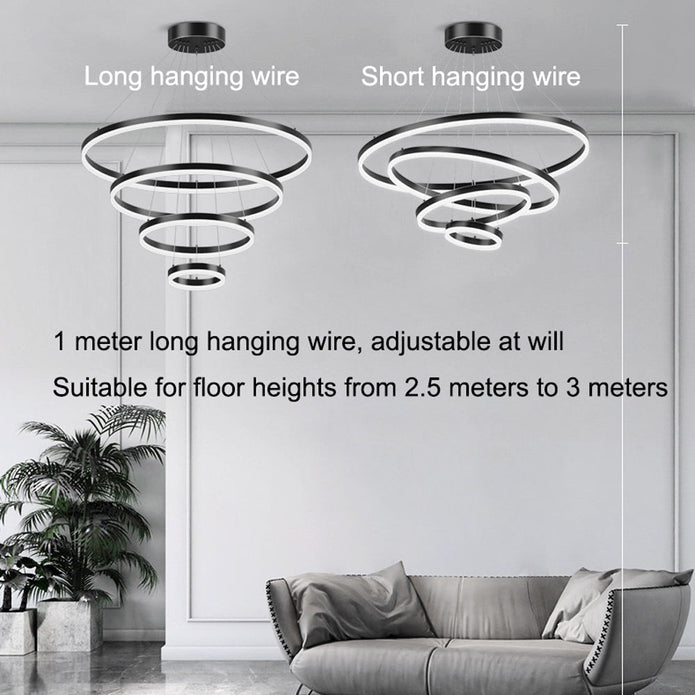 Black 3 Rings Minimalist LED Pendant Light Adjustable Circular Chandelier - Home & Garden > Lighting > Ceiling Lights