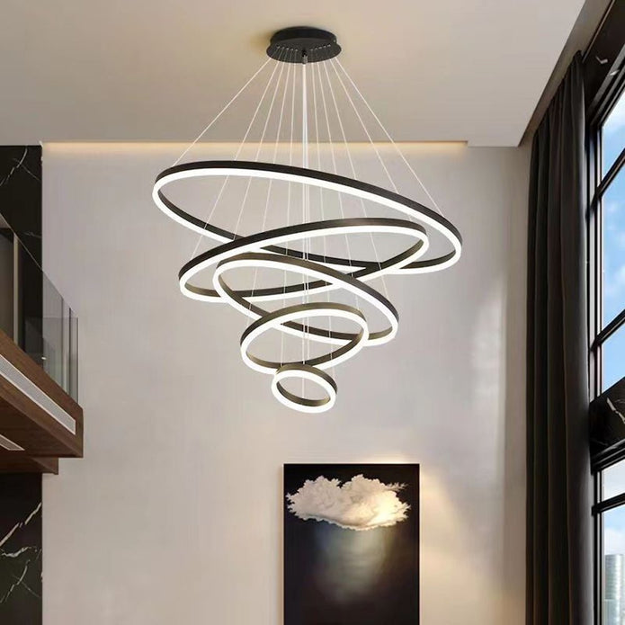 Black 3 Rings Minimalist LED Pendant Light Adjustable Circular Chandelier - Home & Garden > Lighting > Ceiling Lights