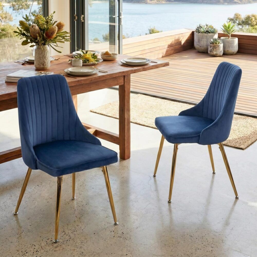 Viva Forever Set of 2 Blue Velvet Dining Chairs – Art Deco Design with Gold Metal Legs
