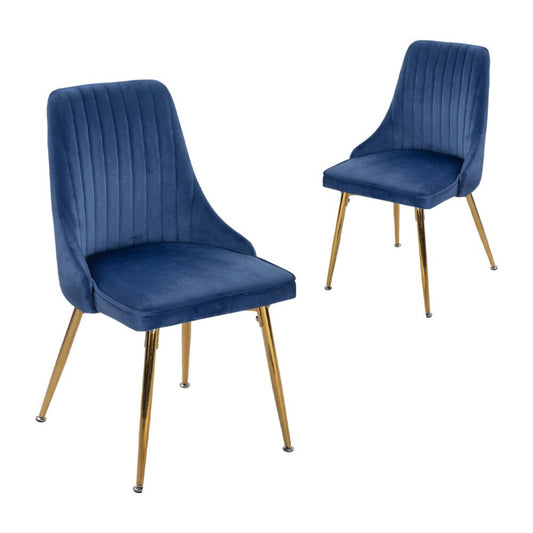 Viva Forever Set of 2 Dining Chairs - Art Deco Blue Velvet with Gold Legs