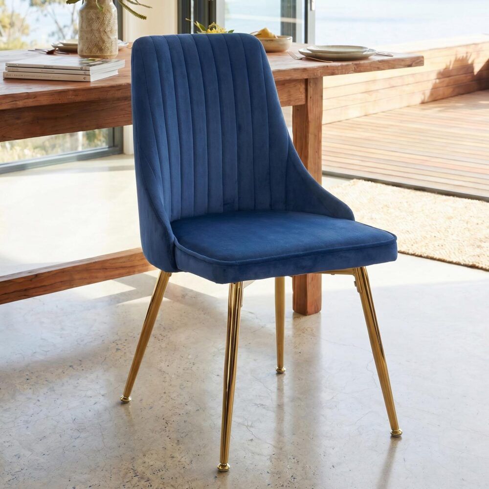 Viva Forever Set of 2 Blue Velvet Dining Chairs – Art Deco Design with Gold Metal Legs
