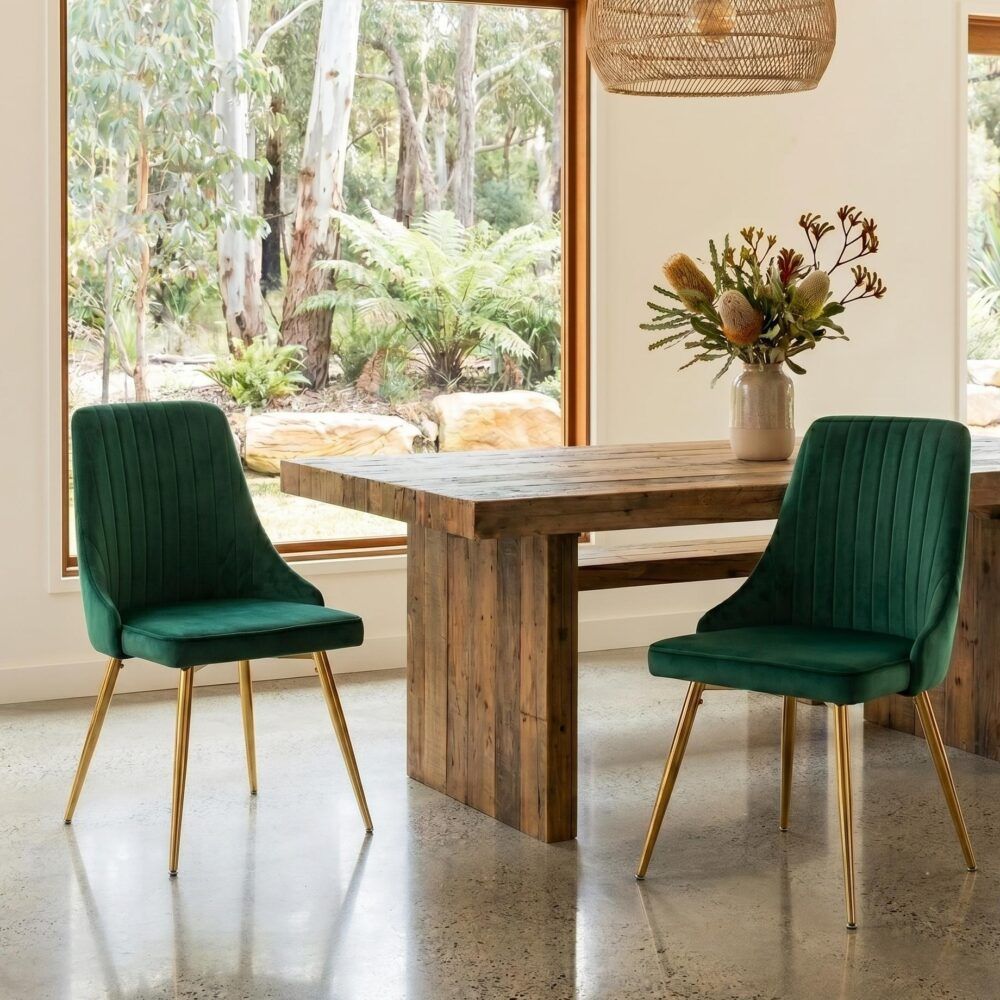 Viva Forever Set of 2 Green Velvet Dining Chairs-Art Deco Design with Gold Metal Legs