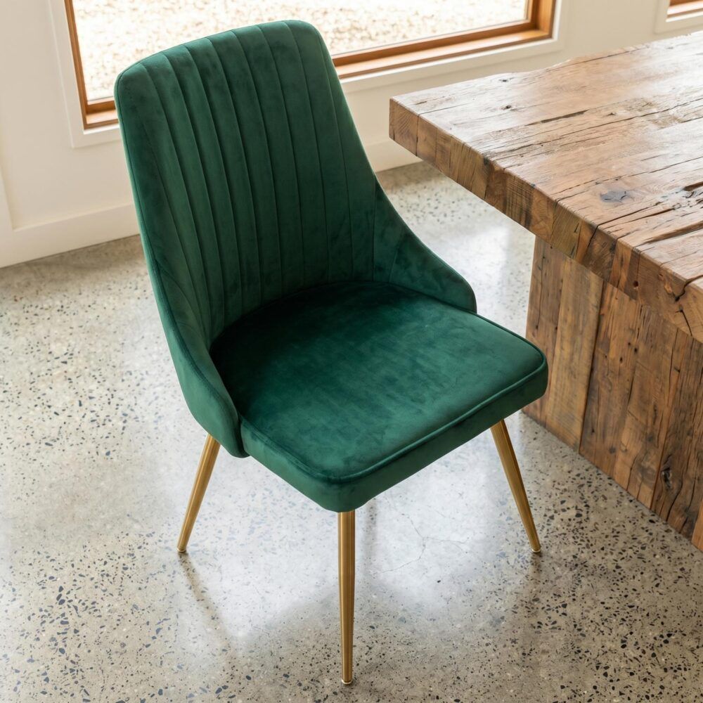 Viva Forever Set of 2 Green Velvet Dining Chairs-Art Deco Design with Gold Metal Legs