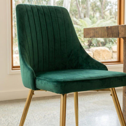 Viva Forever Set of 2 Green Velvet Dining Chairs-Art Deco Design with Gold Metal Legs