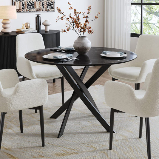 Round Marble-Effect Table-Black - Furniture > Dining > Dining Tables