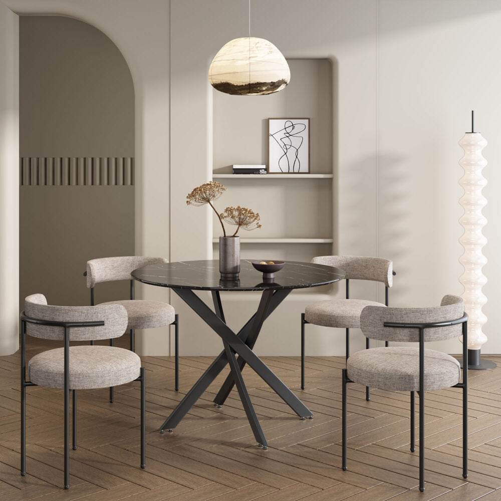 Round Marble-Effect Table-Black - Furniture > Dining > Dining Tables