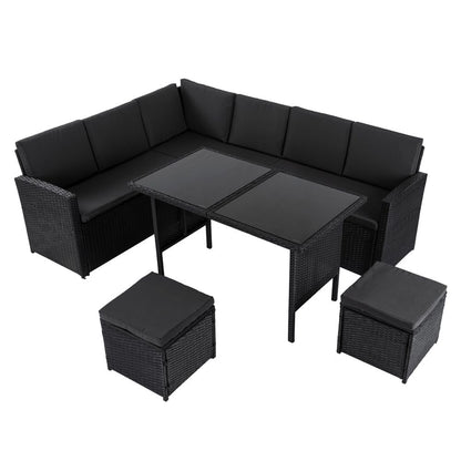 Ella 8-Seater Modular Outdoor Garden Lounge and Dining Set with Table and Stools in Black - Furniture > Outdoor >