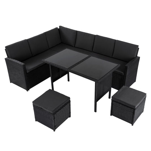 Ella 8-Seater Modular Outdoor Garden Lounge and Dining Set with Table and Stools in Black - Furniture > Outdoor >