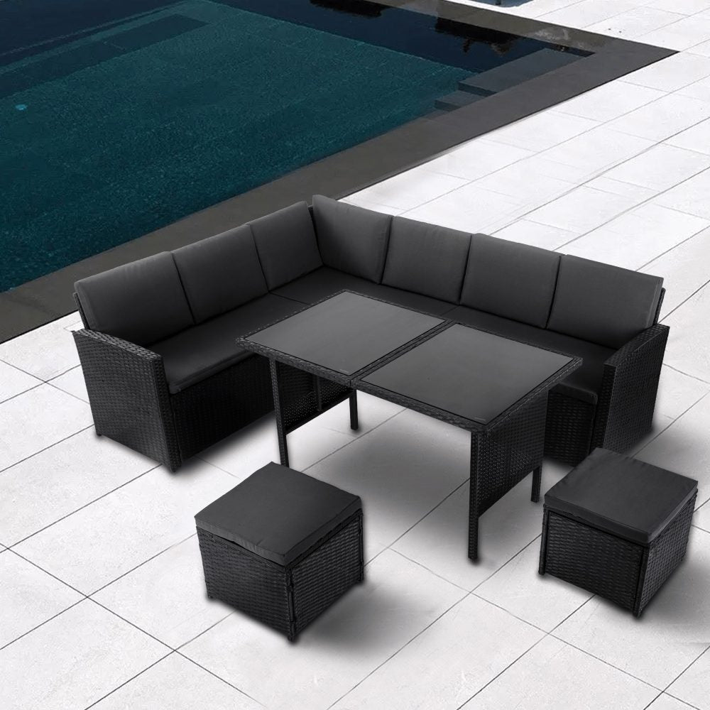 Ella 8-Seater Modular Outdoor Garden Lounge and Dining Set with Table and Stools in Black - Furniture > Outdoor >
