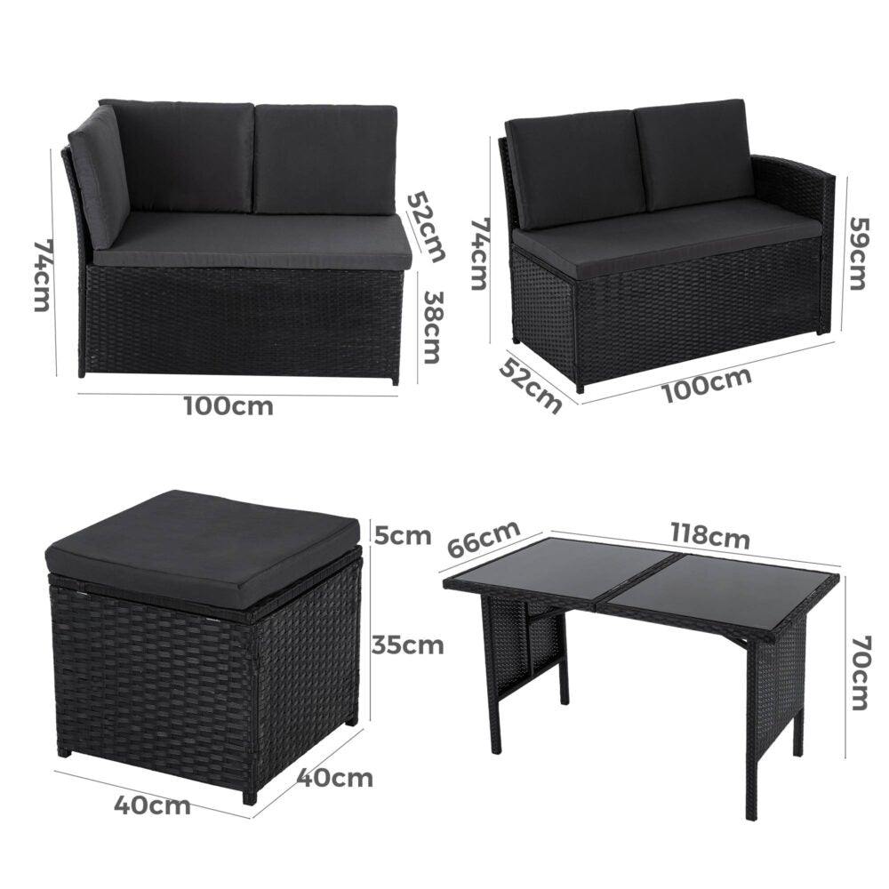 Ella 8-Seater Modular Outdoor Garden Lounge and Dining Set with Table and Stools in Black - Furniture > Outdoor >