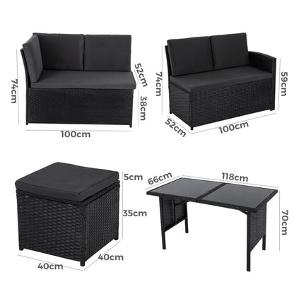 Ella 8-Seater Modular Outdoor Garden Lounge and Dining Set with Table and Stools in Black - Furniture > Outdoor >