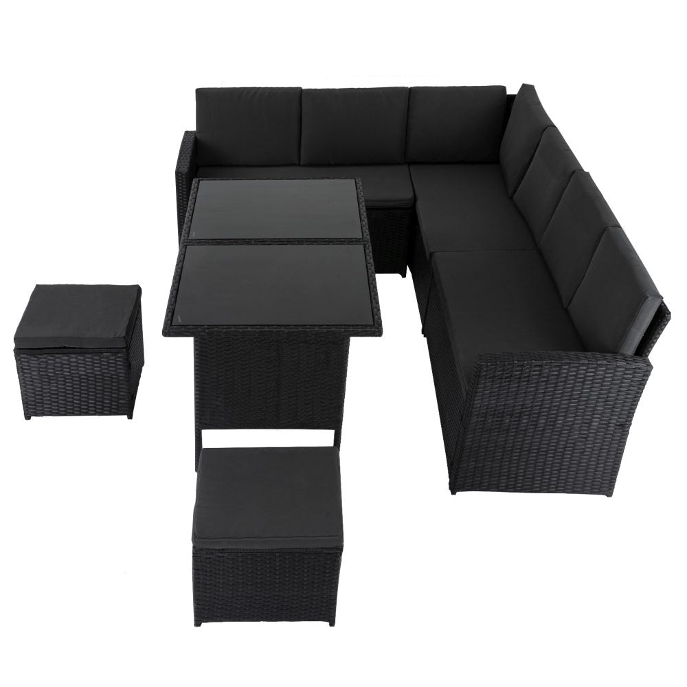 Ella 8-Seater Modular Outdoor Garden Lounge and Dining Set with Table and Stools in Black - Furniture > Outdoor >