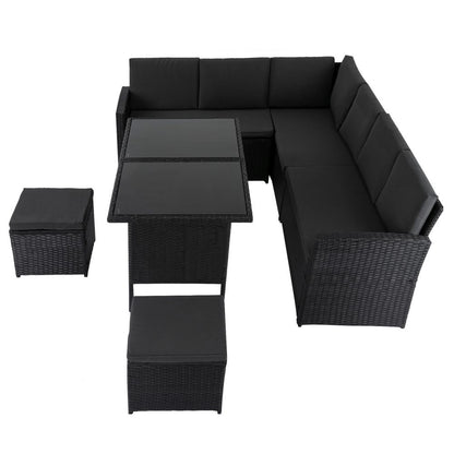 Ella 8-Seater Modular Outdoor Garden Lounge and Dining Set with Table and Stools in Black - Furniture > Outdoor >