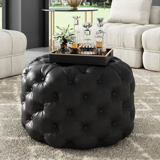Contemporary Black Leather-look Ottoman with Button - Furniture > Living Room > Ottomans & Footstools