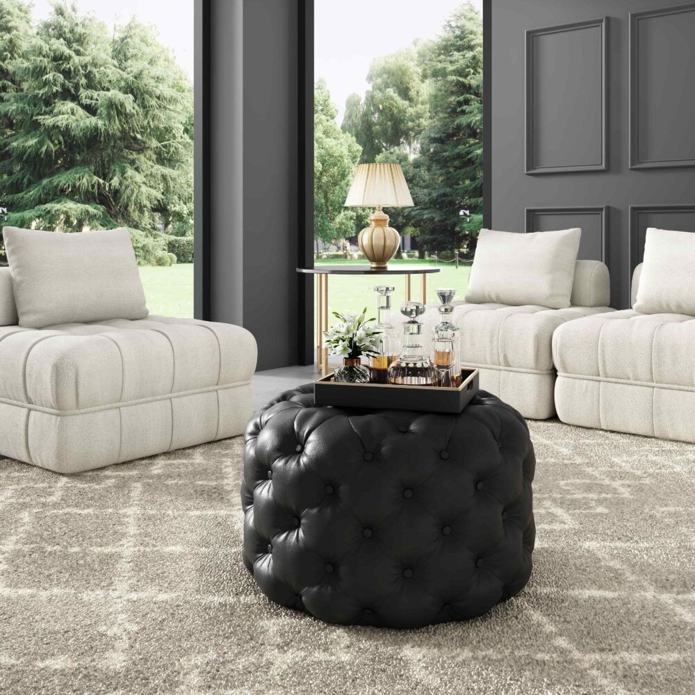 Contemporary Black Leather-look Ottoman with Button - Furniture > Living Room > Ottomans & Footstools