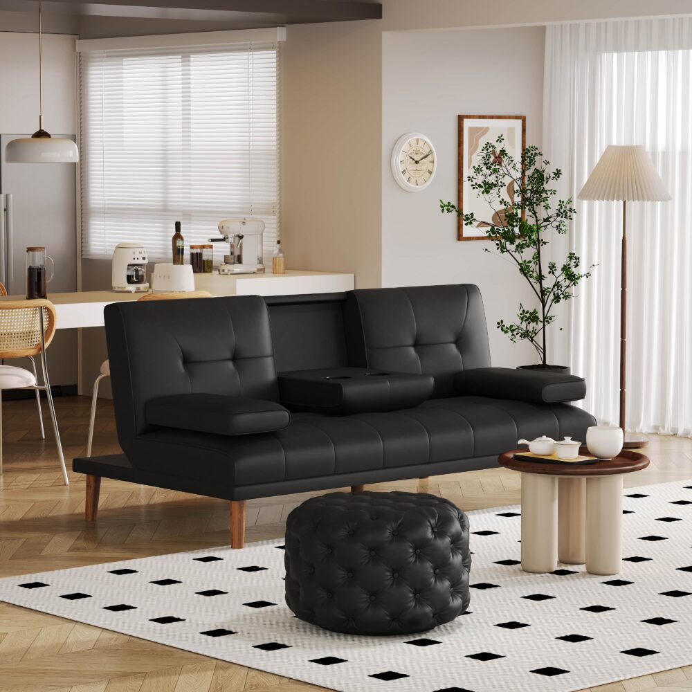 Contemporary Black Leather-look Ottoman with Button - Furniture > Living Room > Ottomans & Footstools
