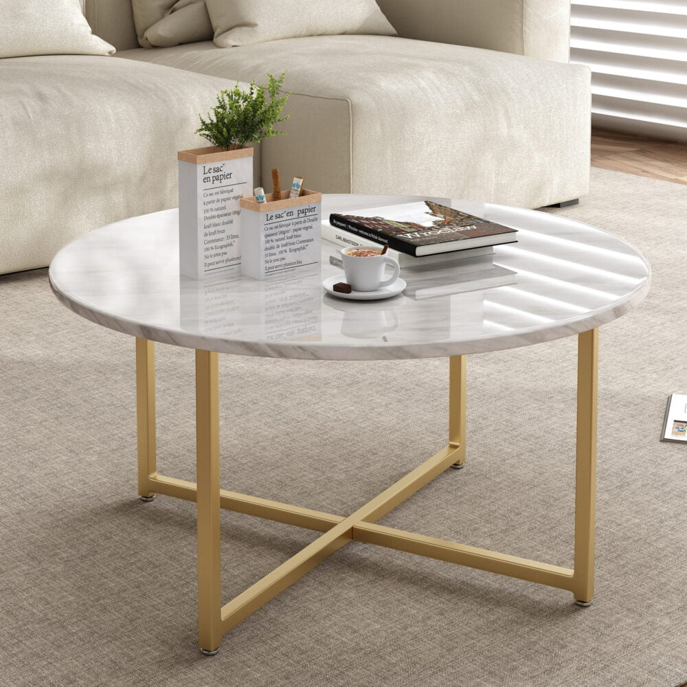 White Marble Effect Round Coffee Table with Gold Legs - Furniture > Living Room > Coffee Tables