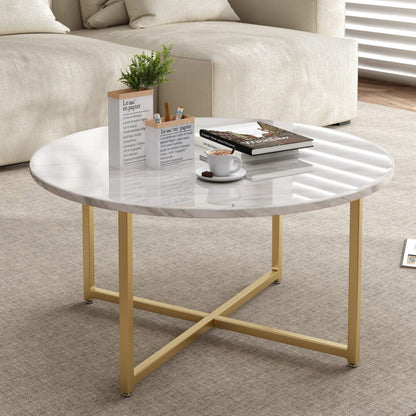 White Marble Effect Round Coffee Table with Gold Legs - Furniture > Living Room > Coffee Tables