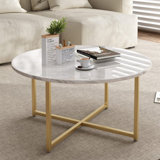 White Marble Effect Round Coffee Table with Gold Legs - Furniture > Living Room > Coffee Tables