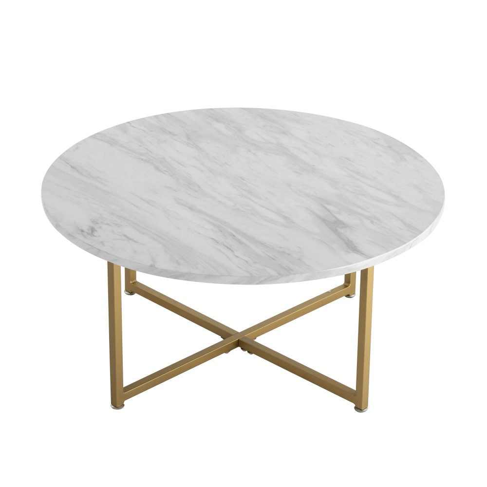 White Marble Effect Round Coffee Table with Gold Legs - Furniture > Living Room > Coffee Tables