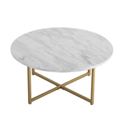 White Marble Effect Round Coffee Table with Gold Legs - Furniture > Living Room > Coffee Tables