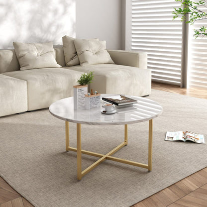 White Marble Effect Round Coffee Table with Gold Legs - Furniture > Living Room > Coffee Tables