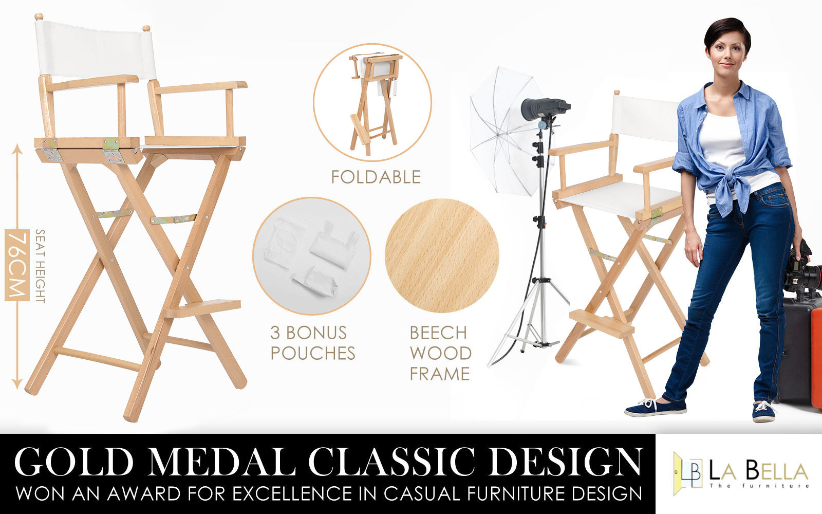 Director Movie Folding Tall Chair 76cm Beech WOOD HUMOR - Furniture > Bar Stools & Chairs > Table & Bar Stools