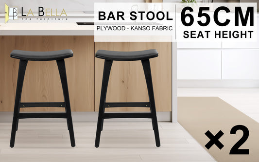 2X Wooden Bar Stool Padded PU Leather Dining Chair KANSO 65cm BLACK - Furniture > Stools & Chairs Table