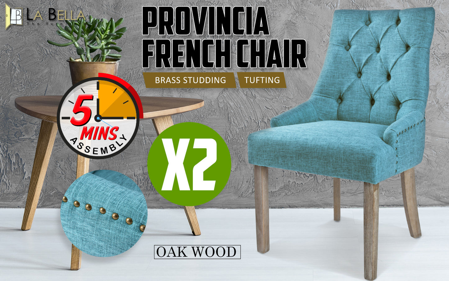2X French Provincial Dining Chair Oak Leg AMOUR BLUE - Furniture > Dining > Kitchen & Dining Chairs