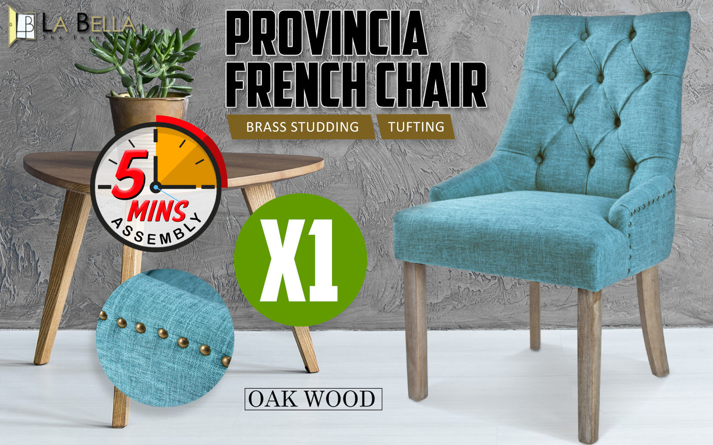 French Provincial Dining Chair Oak Leg AMOUR BLUE - Furniture > Dining > Kitchen & Dining Chairs