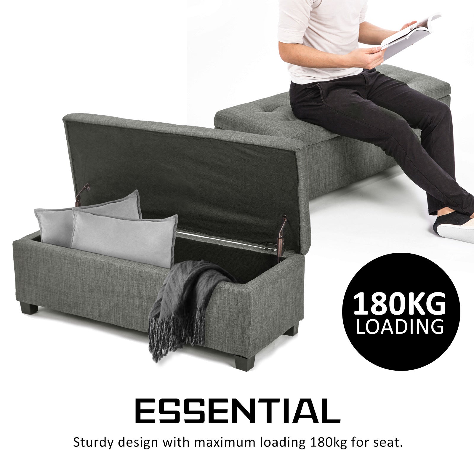 Storage Ottoman Stool 102cm Fabric DARK GREY Furniture > Living Room > Ottomans & Footstools