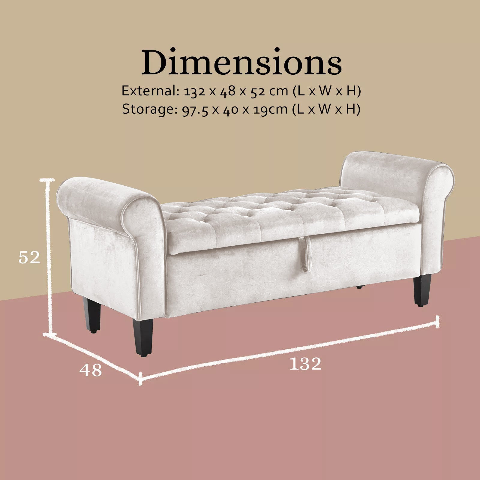 Storage Ottoman Stool Arm Bench Seat 132cm Velvet BEIGE - Furniture > Living Room > Ottomans & Footstools