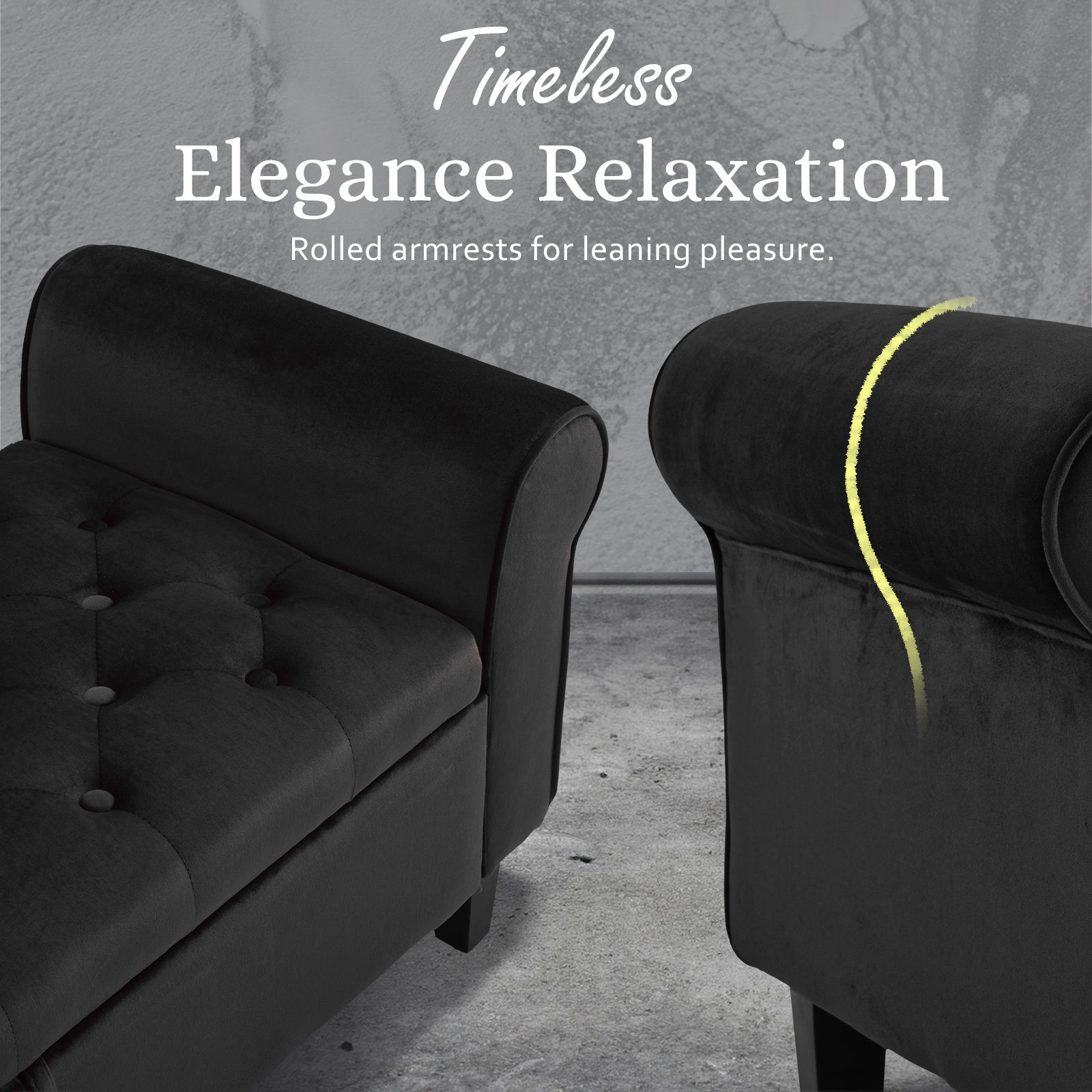Storage Ottoman Stool Arm Bench Seat 132cm Velvet BLACK - Furniture > Living Room > Ottomans & Footstools