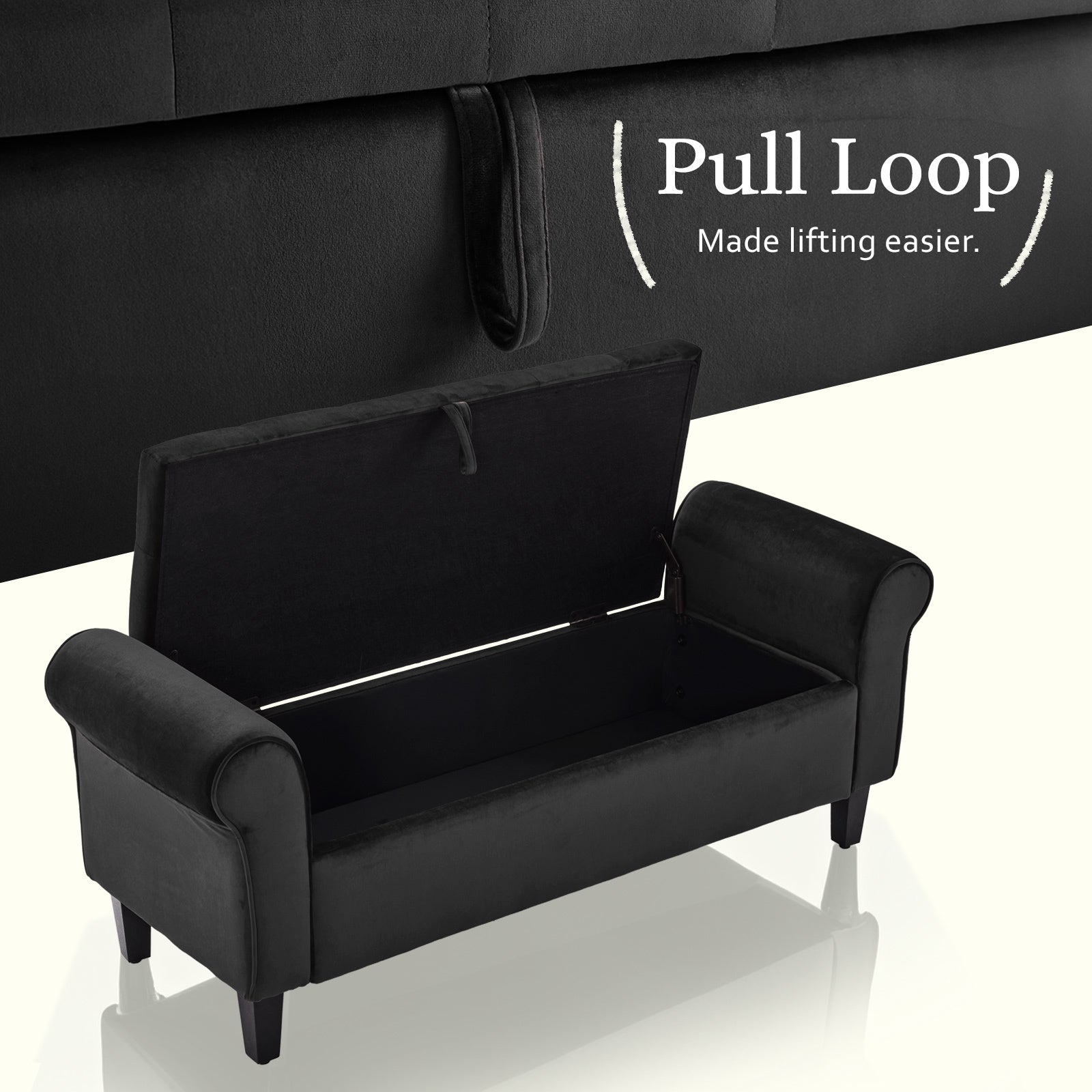 Storage Ottoman Stool Arm Bench Seat 132cm Velvet BLACK - Furniture > Living Room > Ottomans & Footstools