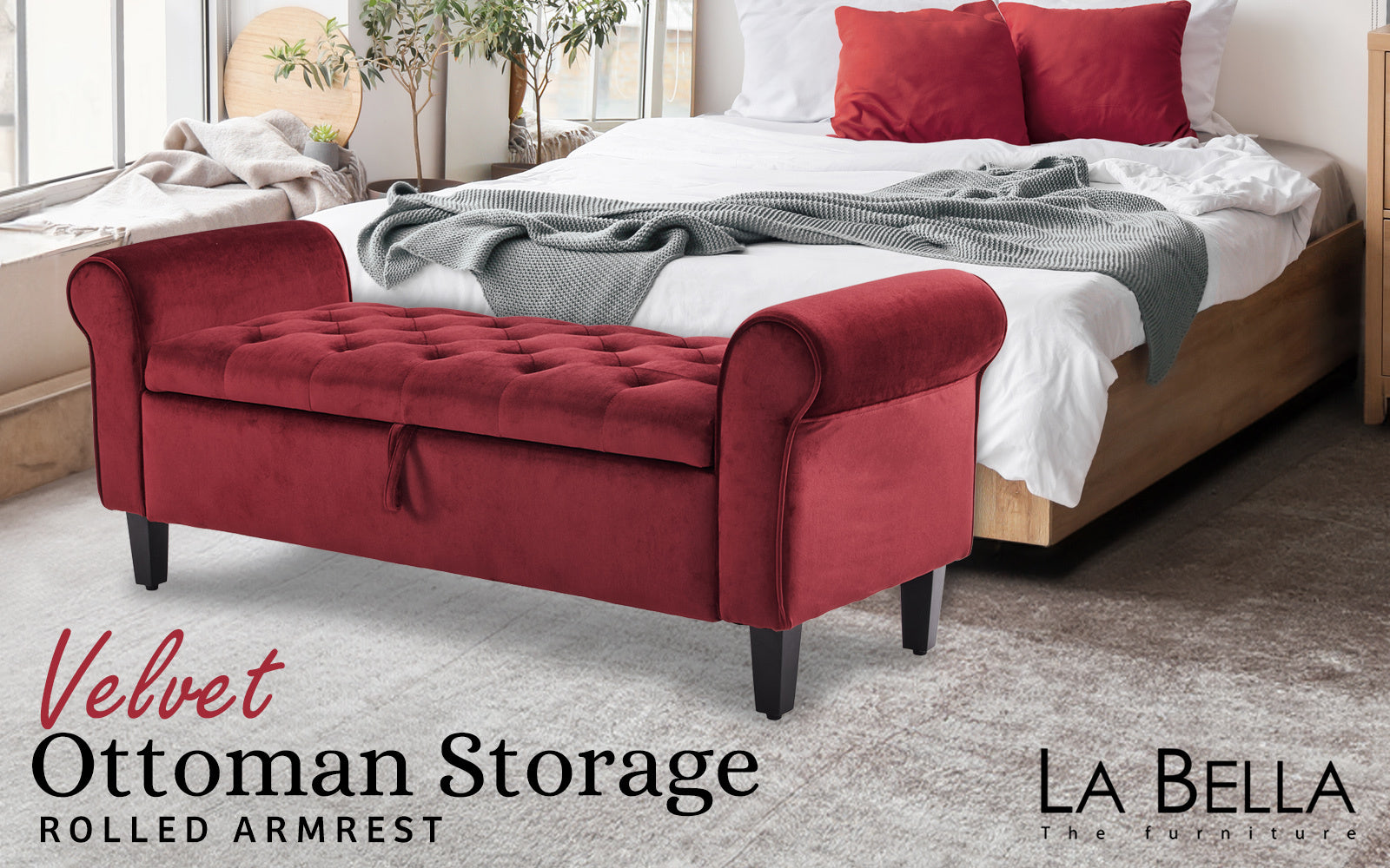 Storage Ottoman Stool Arm Bench Seat 132cm Velvet RED Furniture > Living Room > Ottomans & Footstools