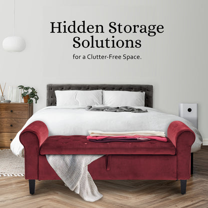 Storage Ottoman Stool Arm Bench Seat 132cm Velvet RED Furniture > Living Room > Ottomans & Footstools