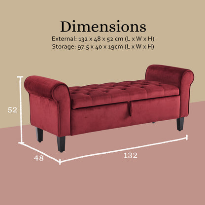 Storage Ottoman Stool Arm Bench Seat 132cm Velvet RED Furniture > Living Room > Ottomans & Footstools