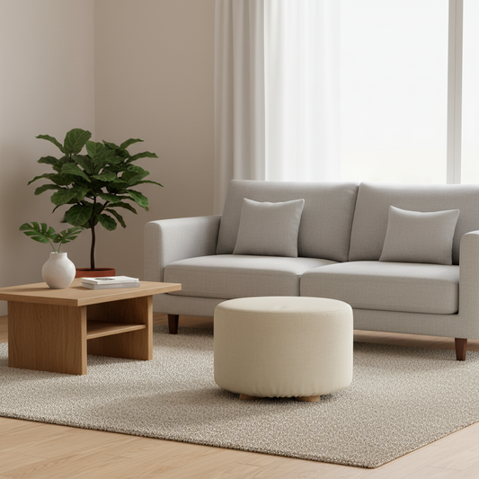 Fabric Ottoman Round Wooden Leg Foot Stool - BEIGE