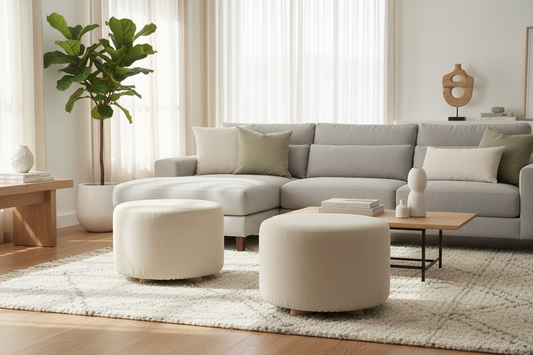2X Fabric Ottoman Round Wooden Leg Foot Stool - BEIGE