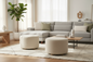 2X Fabric Ottoman Round Wooden Leg Foot Stool - BEIGE