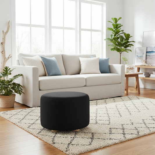 Fabric Ottoman Round Wooden Leg Foot Stool - BLACK