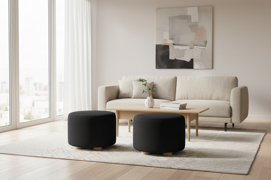 2X Fabric Ottoman Round Wooden Leg Foot Stool - BLACK