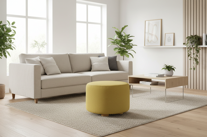 Fabric Ottoman Round Wooden Leg Foot Stool - MUSTARD YELLOW