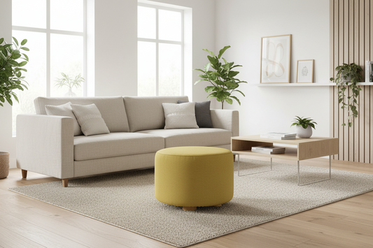 Fabric Ottoman Round Wooden Leg Foot Stool - MUSTARD YELLOW