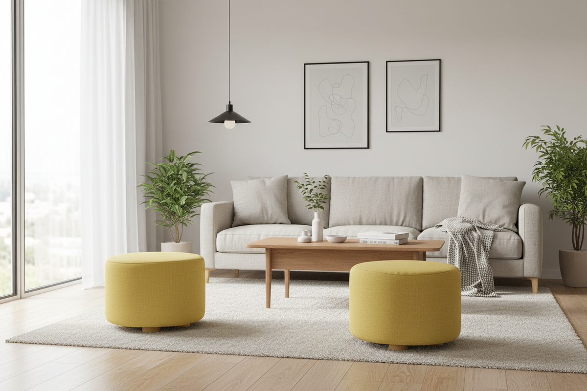 2X Fabric Ottoman Round Wooden Leg Foot Stool - Mustard Yellow