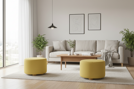 2X Fabric Ottoman Round Wooden Leg Foot Stool - Mustard Yellow