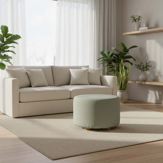 Fabric Ottoman Round Wooden Leg Foot Stool - GREY