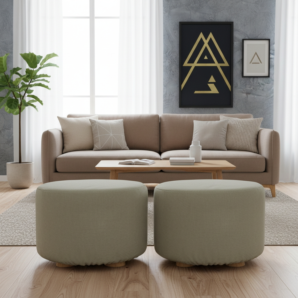 2X Fabric Ottoman Round Wooden Leg Foot Stool - GREY
