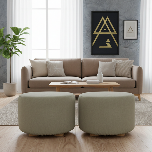 2X Fabric Ottoman Round Wooden Leg Foot Stool - GREY