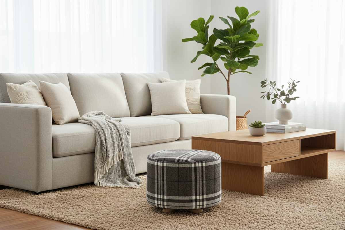 A modern living room scene featuring a light beige sectional sofa, a wooden coffee table, a round plaid ottoman, and a large green fiddle-leaf fig plant in a bright, airy room.
